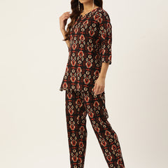 Black Printed Cotton Night Suit with V-Neck Kurti & Ankle-Length Pants