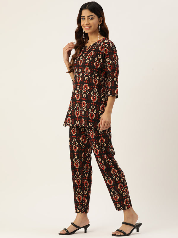 Black Printed Cotton Night Suit with V-Neck Kurti & Ankle-Length Pants