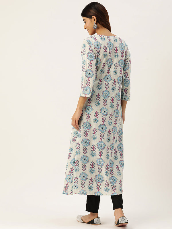 Floral Print 4 Button Angrakha Long Kurti