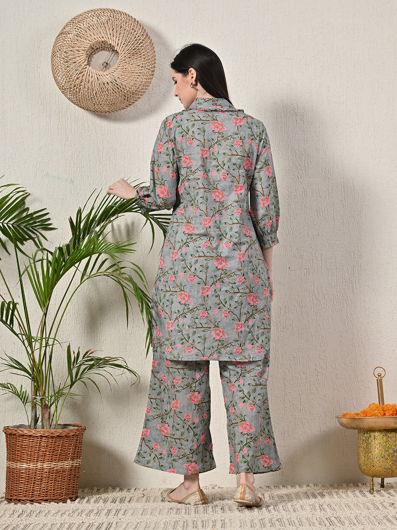 Grey Elegant Collared Co-Ord Set with Frill Detail & Elasticated Pants