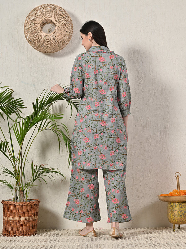 Grey Elegant Collared Co-Ord Set with Frill Detail & Elasticated Pants