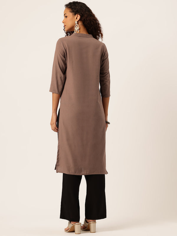 Women’s Solid Long Kurti with Mandarin Collar, 3/4 Sleeves & Pocket | Plain Elegant Cotton Kurta for Daily & Office Wear