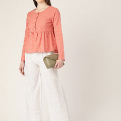 White White Embroidered Cotton Palazzos–Elastic Waist & Ankle-Length with Side Pocket