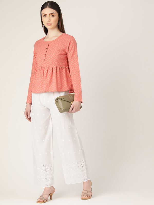White White Embroidered Cotton Palazzos–Elastic Waist & Ankle-Length with Side Pocket