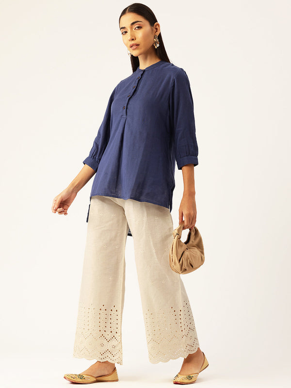 Beige Palazzos | Embroidered Elegnace With Elastic Waist & Single Pocket