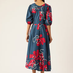 Women's Pure Cotton Floral Printed A-Line Gown with 3/4 Puff Sleeves & V-Neck