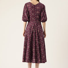 Women's Pure Cotton Floral Printed A-Line Gown with 3/4 Puff Sleeves & V-Neck