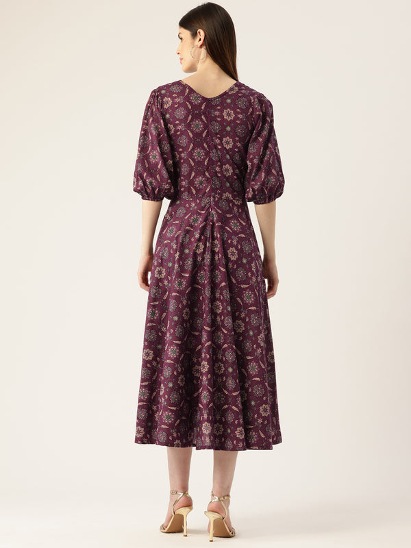 Women's Pure Cotton Floral Printed A-Line Gown with 3/4 Puff Sleeves & V-Neck