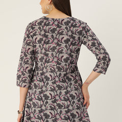 Floral Print Angrakha 3\4 Sleeves Flared Kurti
