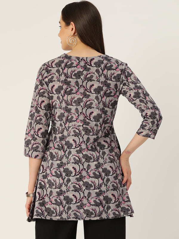 Floral Print Angrakha 3\4 Sleeves Flared Kurti
