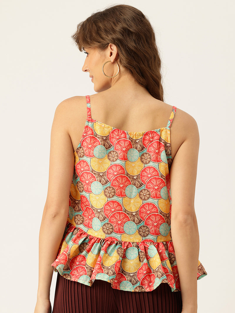 Cropped Sleeveless strap Peplum top with digital print on linen fabric.| Size- Small| Colour - Magenta, Yellow, Aqua