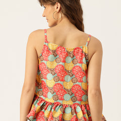 Cropped Sleeveless strap Peplum top with digital print on linen fabric.| Size- Small| Colour - Magenta, Yellow, Aqua