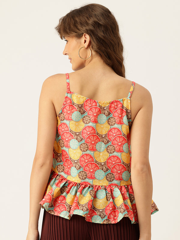 Cropped Sleeveless strap Peplum top with digital print on linen fabric.| Size- Small| Colour - Magenta, Yellow, Aqua