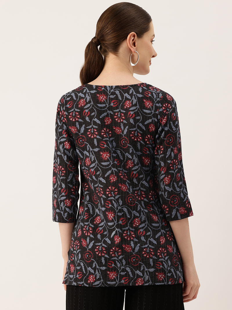 3/4 Sleeve Round Neck Vcut top Black1 Colour