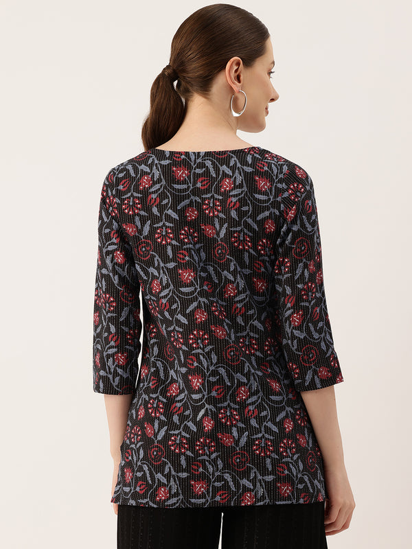 3/4 Sleeve Round Neck Vcut top Black1 Colour