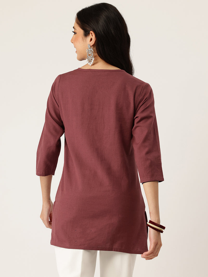 Elegant Short Kurti for Women –Button Detailing & 3/4 Sleeves | Round Neck |