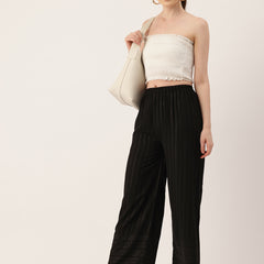 Black Black Embroidered Cotton Palazzos–Elastic Waist & Ankle-Length with Side Pocket