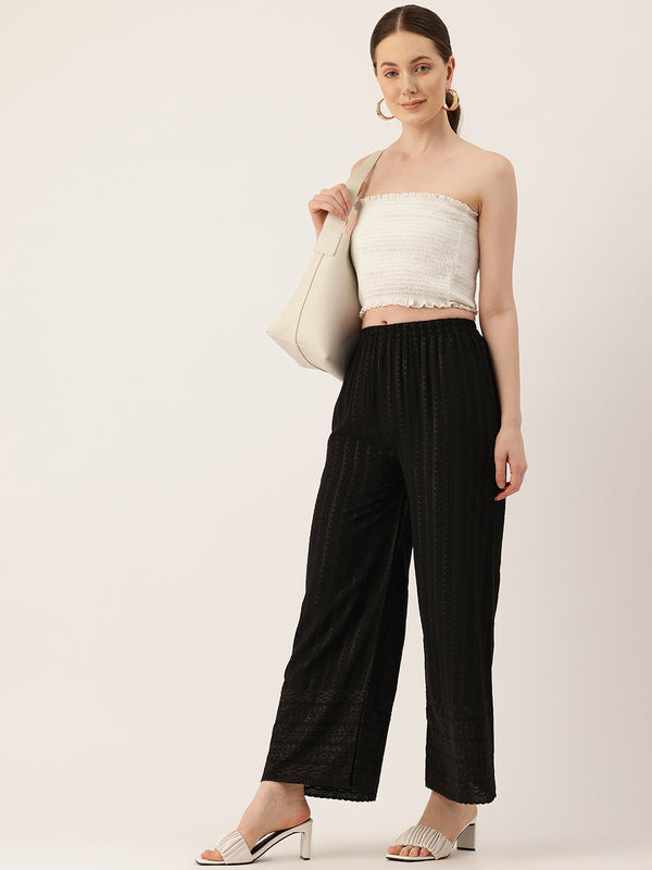 Black Black Embroidered Cotton Palazzos–Elastic Waist & Ankle-Length with Side Pocket