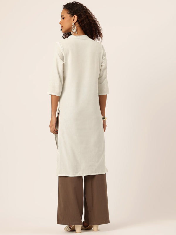 Women’s Solid Long Kurti with Mandarin Collar, 3/4 Sleeves & Pocket | Plain Elegant Cotton Kurta for Daily & Office Wear
