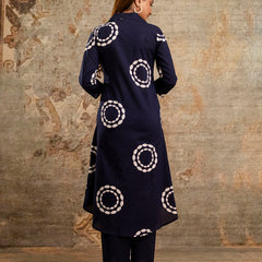Blue Women’s Co-Ord Set–Printed Collared Kurta with 3/4 Sleeves & Elastic Waist Pants