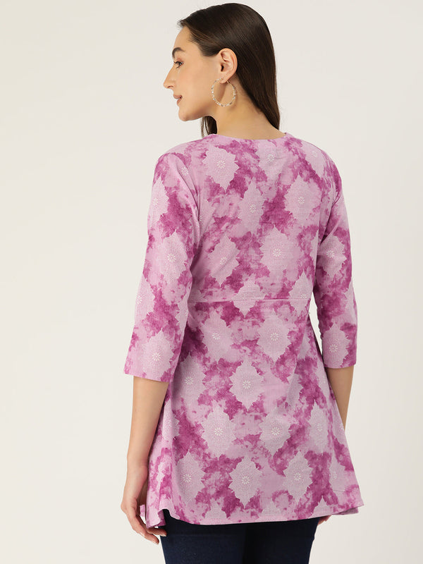 Floral Print Angrakha 3\4 Sleeves Flared Kurti