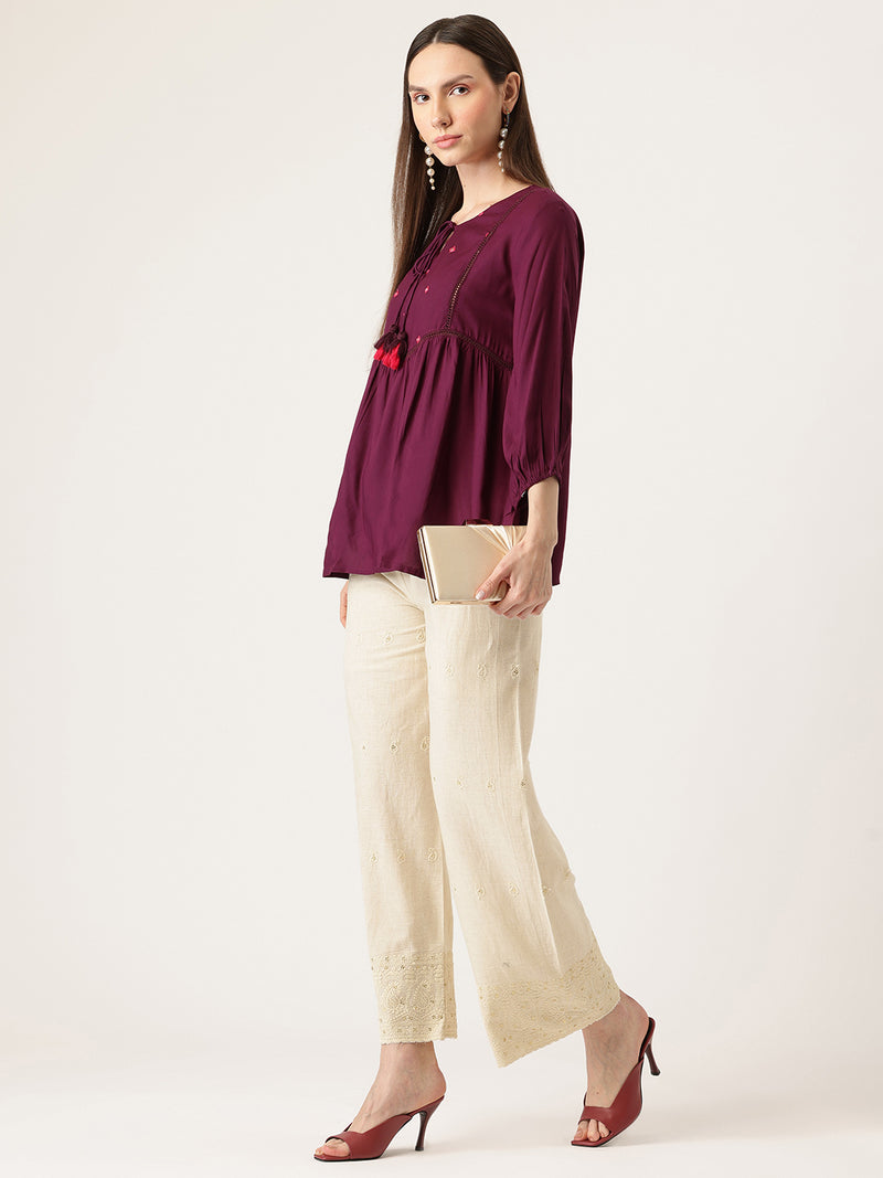 Beige Beige Palazzo|Embroidered, Flax Cotton, Sequin Detail, Ankle-Length, Single Pocket