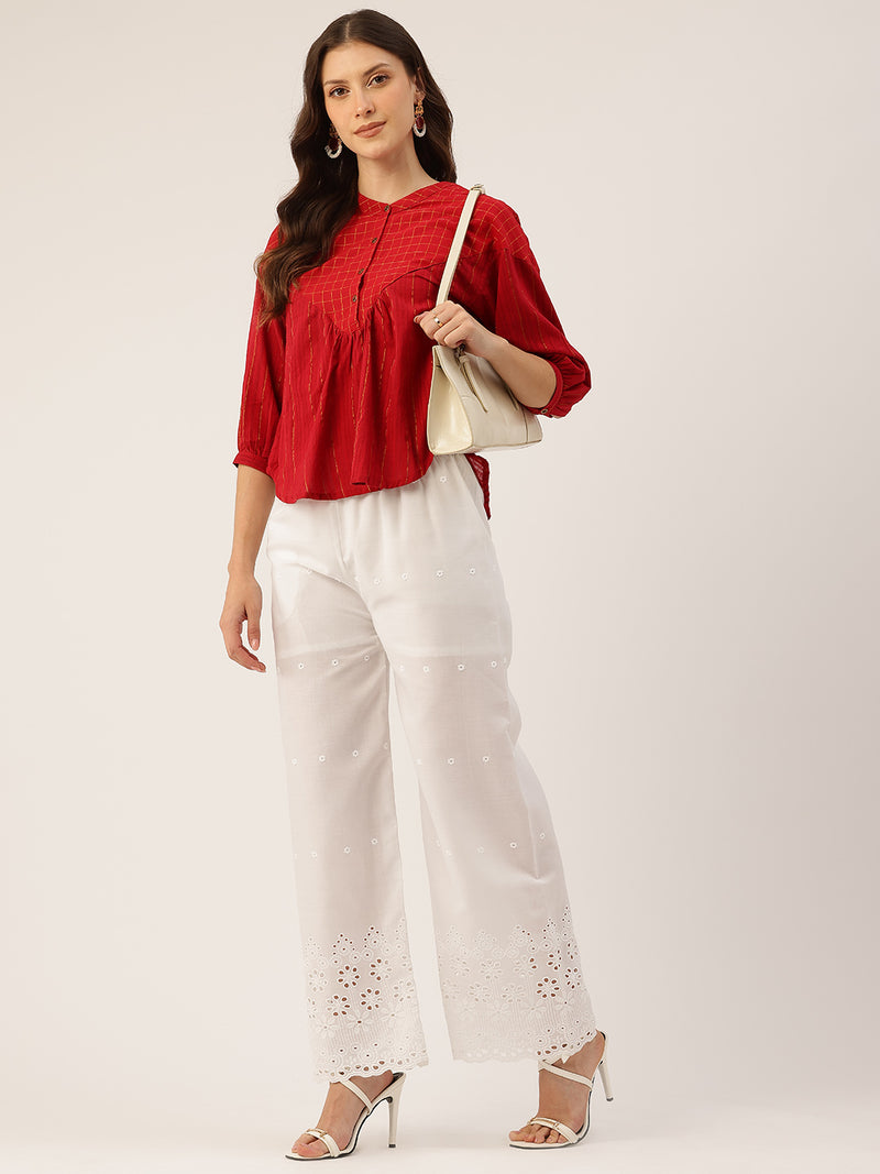 White Embroidered Palazzos–Fully Lined, Elastic Waist & Ankle-Length with Side Pocket
