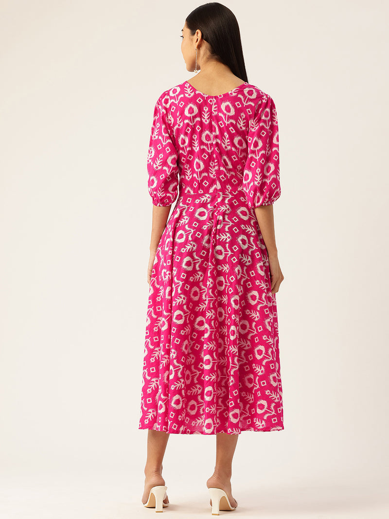 Women's Pure Cotton Floral Printed A-Line Gown with 3/4 Puff Sleeves & V-Neck