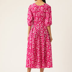 Women's Pure Cotton Floral Printed A-Line Gown with 3/4 Puff Sleeves & V-Neck