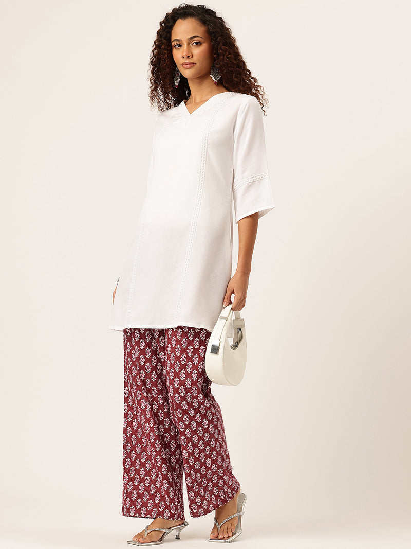 Maroon Women Pure Cotton Paisley Printed Palazzo Pants | Elastic Waist | Wide Leg