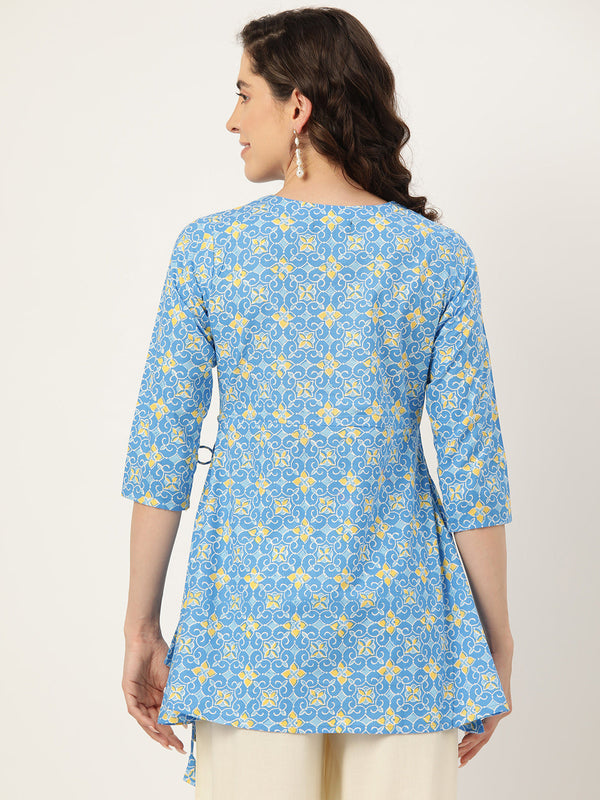 Floral Print Angrakha 3\4 Sleeves Flared Kurti
