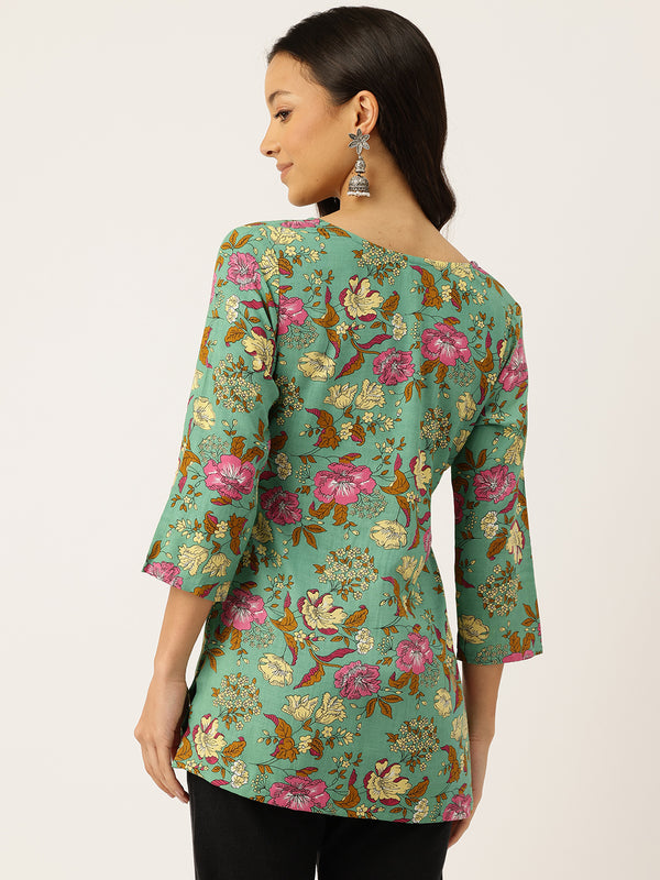 3/4 Sleeve Round Neck Vcut top Green2 Colour