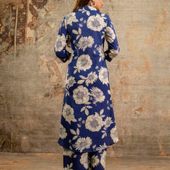 Blue Women’s Co-Ord Set–Printed Collared Kurta with 3/4 Sleeves & Elastic Waist Pants