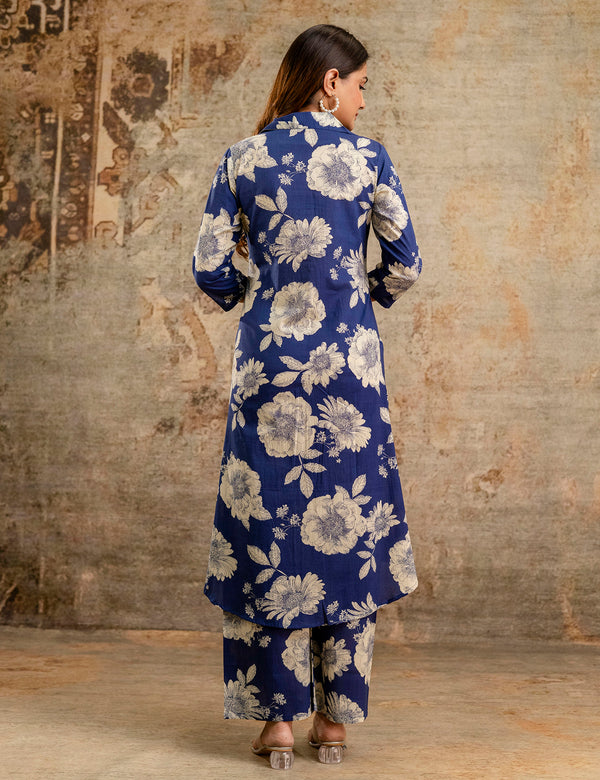 Blue Women’s Co-Ord Set–Printed Collared Kurta with 3/4 Sleeves & Elastic Waist Pants