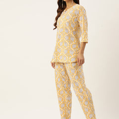 Yellow Printed Cotton Night Suit with V-Neck Kurti & Ankle-Length Pants