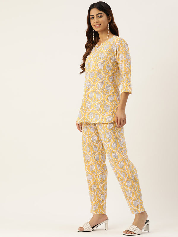 Yellow Printed Cotton Night Suit with V-Neck Kurti & Ankle-Length Pants