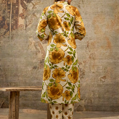 Pure Cotton Off -White Split V-Neck with Gathered Panel 3-Piece Kurta Set with Printed Dupatta