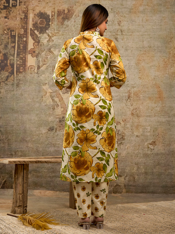 Pure Cotton Off -White Split V-Neck with Gathered Panel 3-Piece Kurta Set with Printed Dupatta