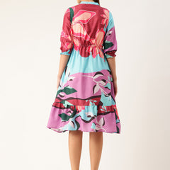 Women’s Multi-Color Muslin Floral Dress with Mandarin Collar & 3/4 Smocked Sleeves