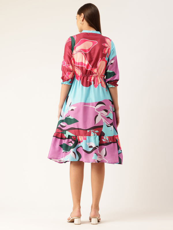 Women’s Multi-Color Muslin Floral Dress with Mandarin Collar & 3/4 Smocked Sleeves