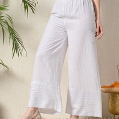 White White Embroidered Cotton Palazzos–Elastic Waist & Ankle-Length with Side Pocket