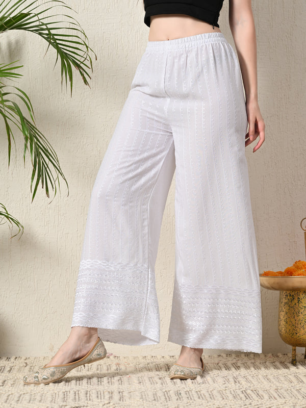 White White Embroidered Cotton Palazzos–Elastic Waist & Ankle-Length with Side Pocket