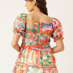 Cropped v-neck peplum puff sleeved top with digital print on linen fabric.