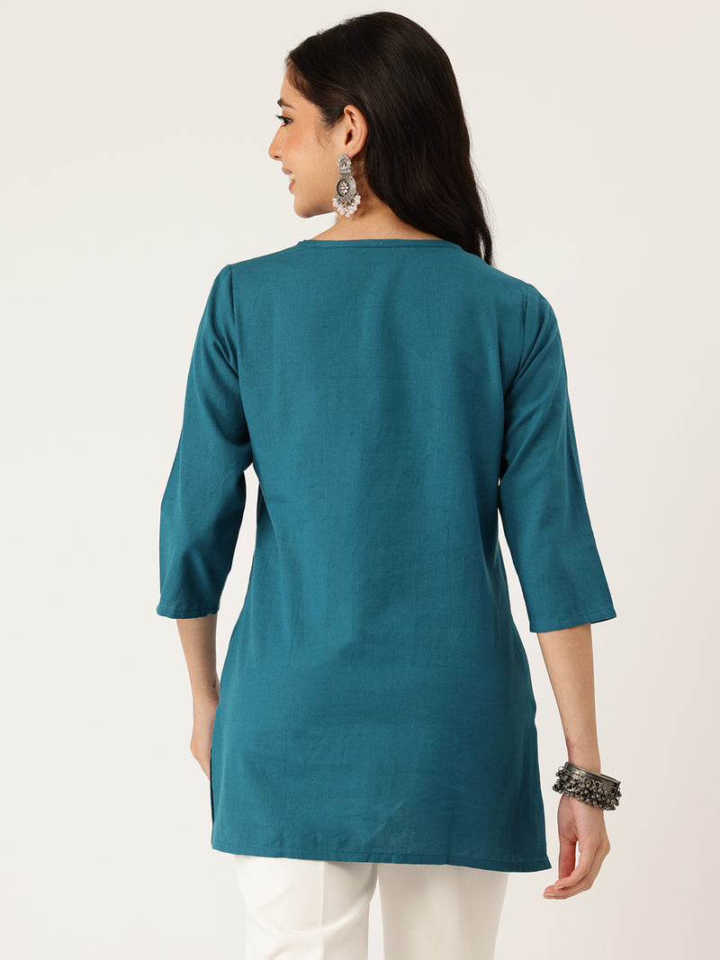 Elegant Short Kurti for Women –Button Detailing & 3/4 Sleeves | Round Neck |