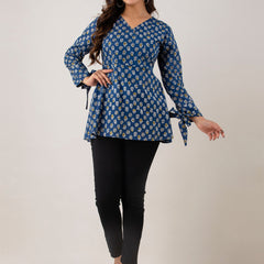 Women Blue Cotton Printed Short Kurti