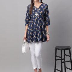 Women Blue Cotton Printed Short Kurti