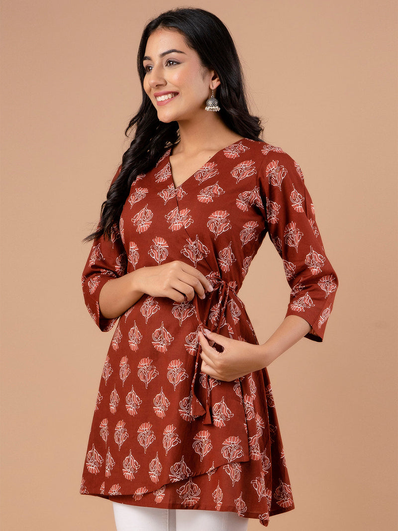 Cotton Printed Rust Brown Angrakha Short Tunic