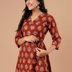 Cotton Printed Rust Brown Angrakha Short Tunic
