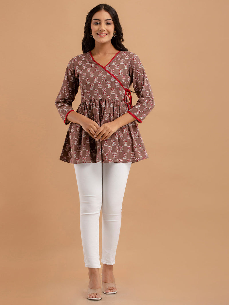 Cotton Printed Brown Angrakha Short Tunic