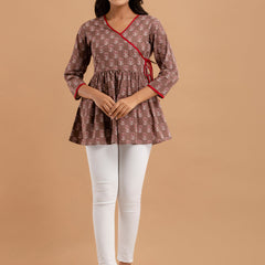 Cotton Printed Brown Angrakha Short Tunic